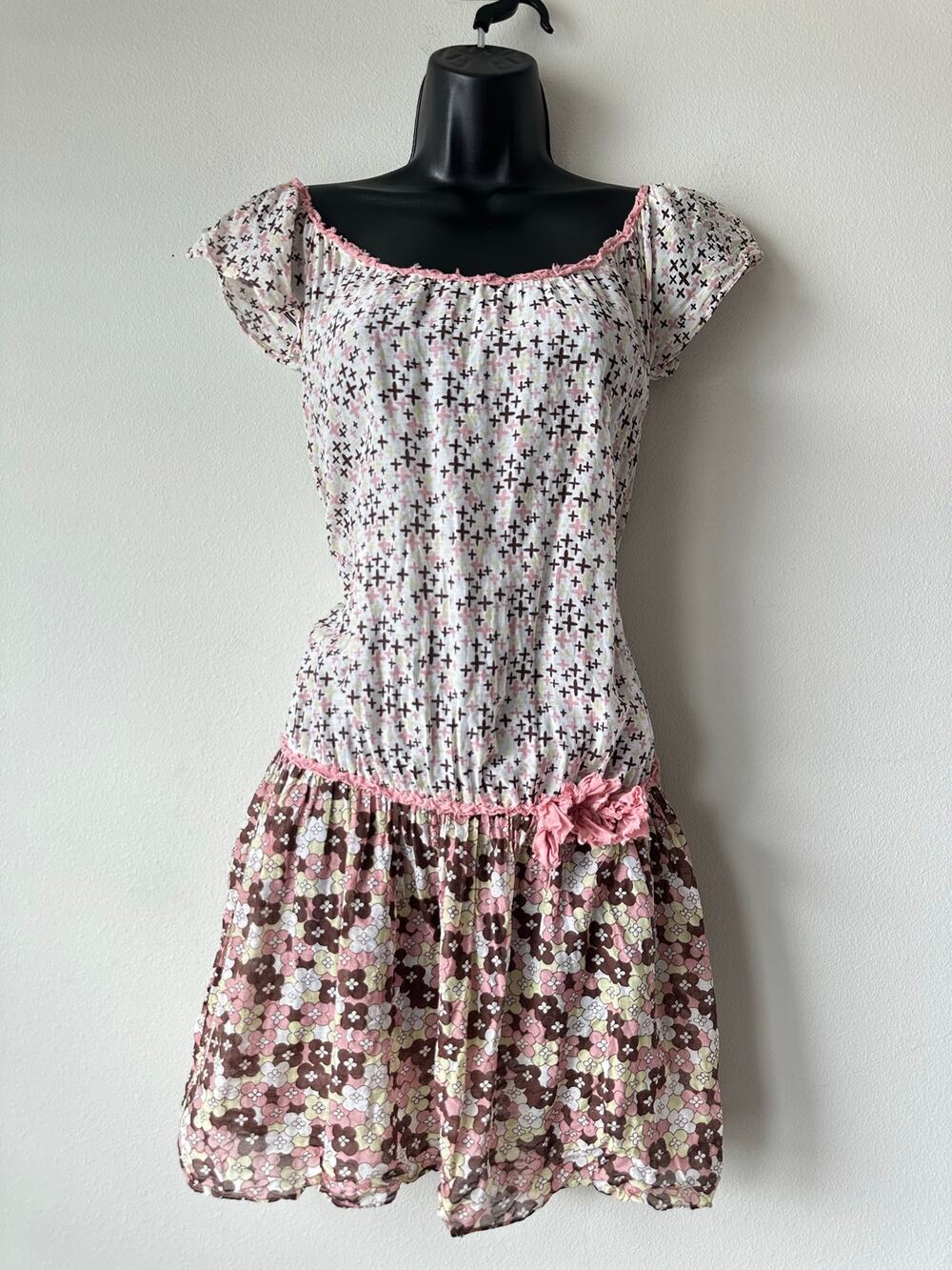 Vintage Y2K Silk Blend Floral Print  Tunic Top Pink Brown XS Cottagecore Boho